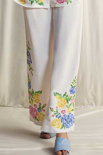 Buy Dash And Dot Multi Color Linen, Viscose Floral Cross Stitch Embroidered Pant Online at Aza Fashions Buy_Dash And Dot_Multi Color Linen, Viscose Floral Cross Stitch Embroidered Pant _Online_at_Aza_Fashions