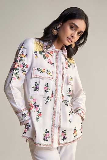 Shop Dash And Dot Multi Color Cotton Collared Neck Placement Floral Embroidered Shirt And Pant Set Online at Aza Fashions Shop_Dash And Dot_Multi Color Cotton Collared Neck Placement Floral Embroidered Shirt And Pant Set _Online_at_Aza_Fashions