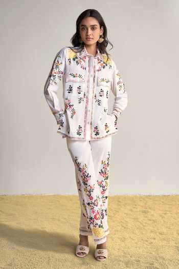 Buy Dash And Dot Multi Color Cotton Collared Neck Placement Floral Embroidered Shirt And Pant Set Buy_Dash And Dot_Multi Color Cotton Collared Neck Placement Floral Embroidered Shirt And Pant Set