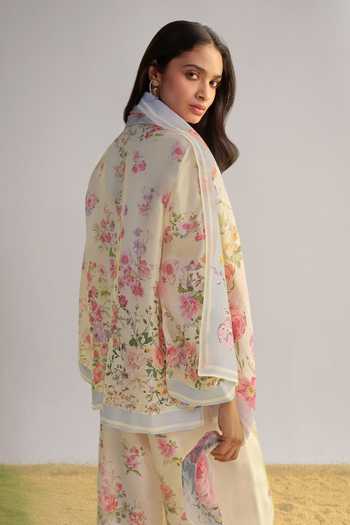 Dash And Dot Multi Color Viscose Collared Neck Pastel Floral Print Pant Set With Scarf Online at Aza Fashions Dash And Dot_Multi Color Viscose Collared Neck Pastel Floral Print Pant Set With Scarf _Online_at_Aza_Fashions
