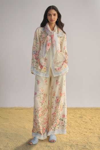 Dash And Dot Pastel Floral Print Pant Set With Scarf 