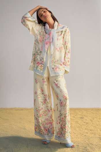 Shop Dash And Dot Multi Color Viscose Collared Neck Pastel Floral Print Pant Set With Scarf Online at Aza Fashions Shop_Dash And Dot_Multi Color Viscose Collared Neck Pastel Floral Print Pant Set With Scarf _Online_at_Aza_Fashions