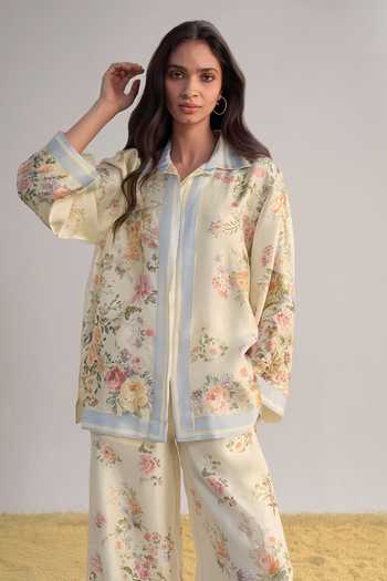 Dash And Dot Multi Color Viscose Collared Neck Pastel Floral Print Pant Set With Scarf at Aza Fashions Dash And Dot_Multi Color Viscose Collared Neck Pastel Floral Print Pant Set With Scarf _at_Aza_Fashions