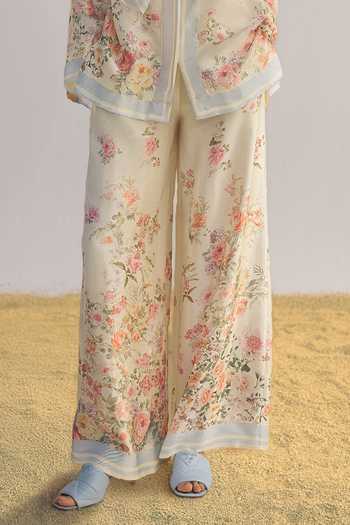 Buy Dash And Dot Multi Color Viscose Collared Neck Pastel Floral Print Pant Set With Scarf Buy_Dash And Dot_Multi Color Viscose Collared Neck Pastel Floral Print Pant Set With Scarf
