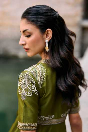 Shop JAYANTI REDDY Olive Green Silk Zari V-neck Owl Embroidered Anarkali Set at Aza Fashions Shop_JAYANTI REDDY_Olive Green Silk Zari V-neck Owl Embroidered Anarkali Set _at_Aza_Fashions