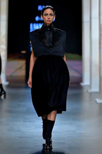 Shop_Pankaj & Nidhi_Black Satin, Wool Embroidery Collared Samurai Quilted Jacket And Skirt Set 