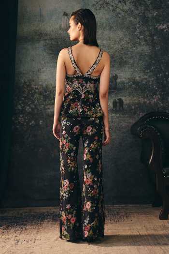 Shop Mani Bhatia Black Organza, Crepe, Satin Embroidery Sienna Floral Print Top Palazzo Set at Aza Fashions Shop_Mani Bhatia_Black Organza, Crepe, Satin Embroidery Sienna Floral Print Top Palazzo Set _at_Aza_Fashions