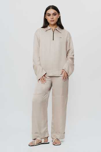 Shop_AK-OK_Beige Silk Collared Neck Khaki Shirt And Trouser Co-ord Set 