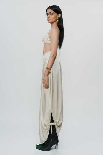 Buy AK-OK Ivory Silk Draped Knotted Cord Waist Skirt Buy_AK-OK_Ivory Silk Draped Knotted Cord Waist Skirt