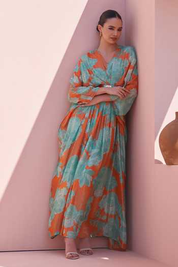 Shop Archana Shah Orange Georgette Sequins V-neck Floral Embroidered Kaftan Dress Online at Aza Fashions Shop_Archana Shah_Orange Georgette Sequins V-neck Floral Embroidered Kaftan Dress _Online_at_Aza_Fashions