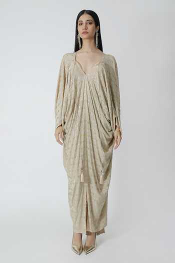 Chhaya Mehrotra_Beige Silk Rhinestones V-neck Gold Embellished Kaftan _at_Aza_Fashions