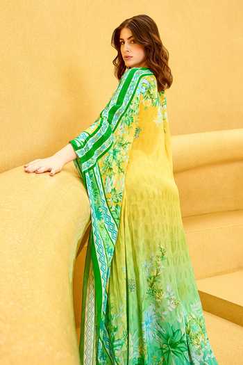 Shop Mandira Wirk Yellow Crepe Plunge Neck Ombre Floral Placement Print Kaftan at Aza Fashions Shop_Mandira Wirk_Yellow Crepe Plunge Neck Ombre Floral Placement Print Kaftan _at_Aza_Fashions