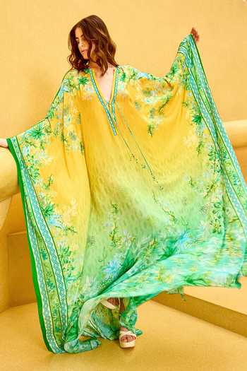 Shop Mandira Wirk Yellow Crepe Plunge Neck Ombre Floral Placement Print Kaftan Online at Aza Fashions Shop_Mandira Wirk_Yellow Crepe Plunge Neck Ombre Floral Placement Print Kaftan _Online_at_Aza_Fashions