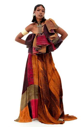 Aseem Kapoor_Multi Color Crepe, Satin Beads One Roxanna Block Ruffle Top And Skirt Set _at_Aza_Fashions