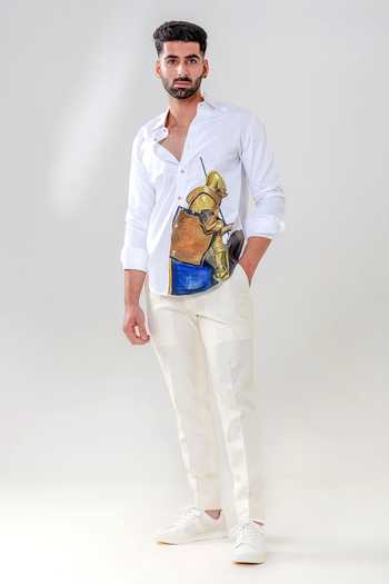 Amrit Dawani White Cotton Warrior Motif Hand Painted Shirt at Aza Fashions Amrit Dawani_White Cotton Warrior Motif Hand Painted Shirt _at_Aza_Fashions