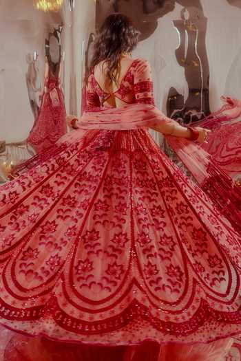 Tuhina Srivastava_Pink Organza, , Tulle, Satin Glass Embroidered Lehenga Set _Online_at_Aza_Fashions