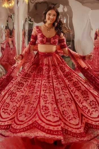 Shop_Tuhina Srivastava_Pink Organza, , Tulle, Satin Glass Embroidered Lehenga Set _Online_at_Aza_Fashions