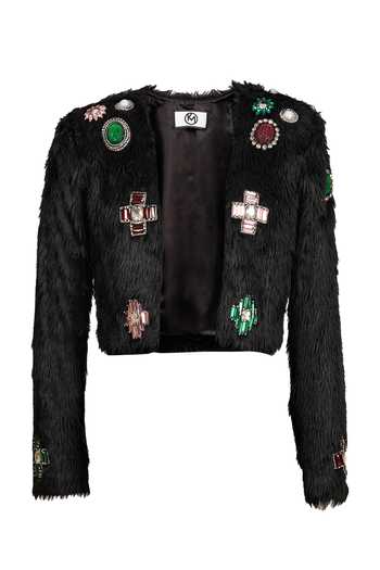 Karn Malhotra_Black Faux Leather, Polyester Crystals Open Neck Fur Embellished Jacket _Online_at_Aza_Fashions