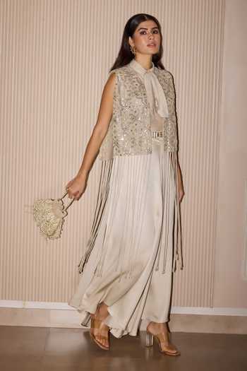 Twenty Nine_Silver Tulle Mirrors, Beads Open Neck Hand Embroidered Short Jacket _at_Aza_Fashions