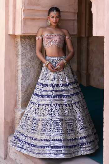 Buy ANGAD SINGH Blue Silk Off-shoulder Sitara Mirror Work Raw Lehenga Set Buy_ANGAD SINGH_Blue Silk Off-shoulder Sitara Mirror Work Raw Lehenga Set