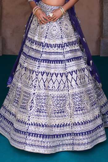 Shop ANGAD SINGH Blue Silk Off-shoulder Sitara Mirror Work Raw Lehenga Set Shop_ANGAD SINGH_Blue Silk Off-shoulder Sitara Mirror Work Raw Lehenga Set