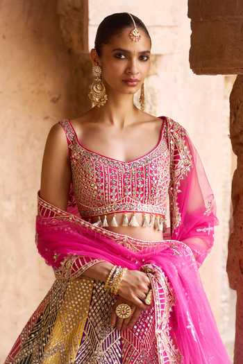 Buy ANGAD SINGH Multi Color Silk Sweetheart Neck Rang Mirror Embroidered Lehenga Set Online at Aza Fashions Buy_ANGAD SINGH_Multi Color Silk Sweetheart Neck Rang Mirror Embroidered Lehenga Set _Online_at_Aza_Fashions