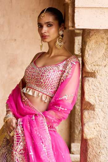 ANGAD SINGH Multi Color Silk Sweetheart Neck Rang Mirror Embroidered Lehenga Set at Aza Fashions ANGAD SINGH_Multi Color Silk Sweetheart Neck Rang Mirror Embroidered Lehenga Set _at_Aza_Fashions