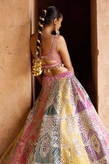 Buy ANGAD SINGH Multi Color Silk Sweetheart Neck Rang Mirror Embroidered Lehenga Set Buy_ANGAD SINGH_Multi Color Silk Sweetheart Neck Rang Mirror Embroidered Lehenga Set