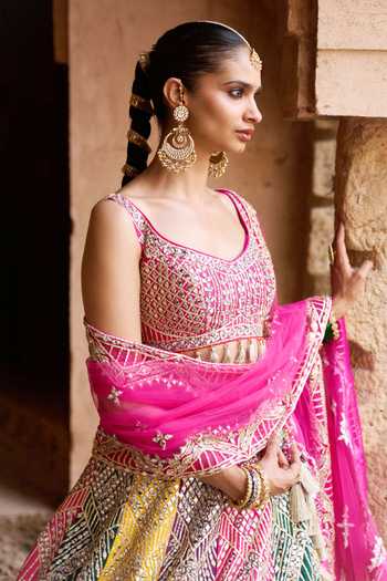 Shop ANGAD SINGH Multi Color Silk Sweetheart Neck Rang Mirror Embroidered Lehenga Set Shop_ANGAD SINGH_Multi Color Silk Sweetheart Neck Rang Mirror Embroidered Lehenga Set