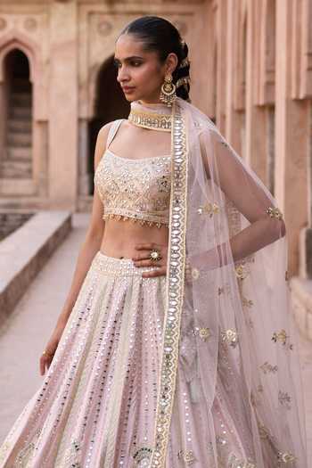 ANGAD SINGH Peach Silk Square Neck Sehar Raw Embroidered Lehenga Set Online at Aza Fashions ANGAD SINGH_Peach Silk Square Neck Sehar Raw Embroidered Lehenga Set _Online_at_Aza_Fashions