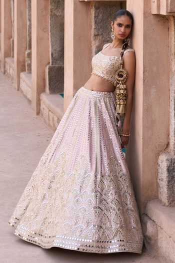 Buy ANGAD SINGH Peach Silk Square Neck Sehar Raw Embroidered Lehenga Set Online at Aza Fashions Buy_ANGAD SINGH_Peach Silk Square Neck Sehar Raw Embroidered Lehenga Set _Online_at_Aza_Fashions