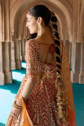ANGAD SINGH Orange Organza V-neck Tej Embroidered Lehenga Set Online at Aza Fashions ANGAD SINGH_Orange Organza V-neck Tej Embroidered Lehenga Set _Online_at_Aza_Fashions