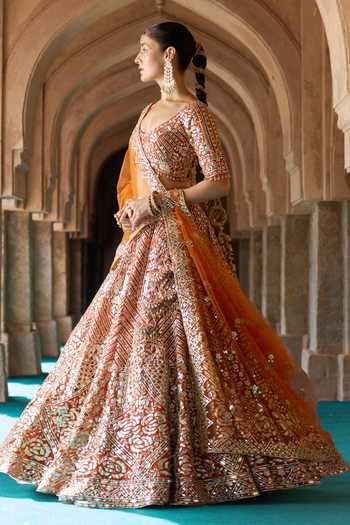 ANGAD SINGH Orange Organza V-neck Tej Embroidered Lehenga Set at Aza Fashions ANGAD SINGH_Orange Organza V-neck Tej Embroidered Lehenga Set _at_Aza_Fashions