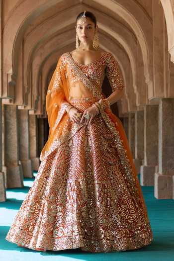 Buy ANGAD SINGH Orange Organza V-neck Tej Embroidered Lehenga Set Buy_ANGAD SINGH_Orange Organza V-neck Tej Embroidered Lehenga Set