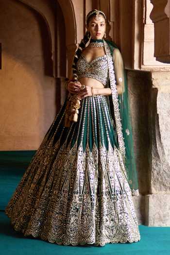 Shop_ANGAD SINGH_Emerald Green Silk Sweetheart Neck Zamurrud Embroidered Raw Lehenga Set _Online_at_Aza_Fashions
