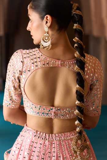 Buy_ANGAD SINGH_Pink Silk V-neck Kesar Embroidered Raw Lehenga Set _Online_at_Aza_Fashions