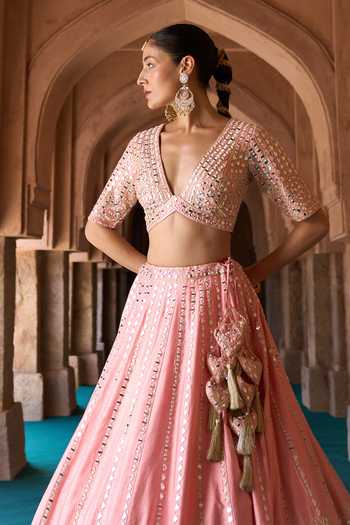 Shop_ANGAD SINGH_Pink Silk V-neck Kesar Embroidered Raw Lehenga Set _Online_at_Aza_Fashions