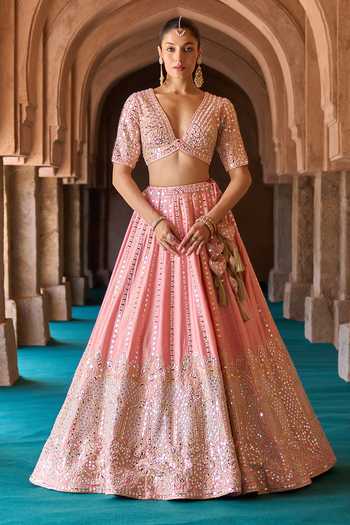 Buy_ANGAD SINGH_Pink Silk V-neck Kesar Embroidered Raw Lehenga Set 