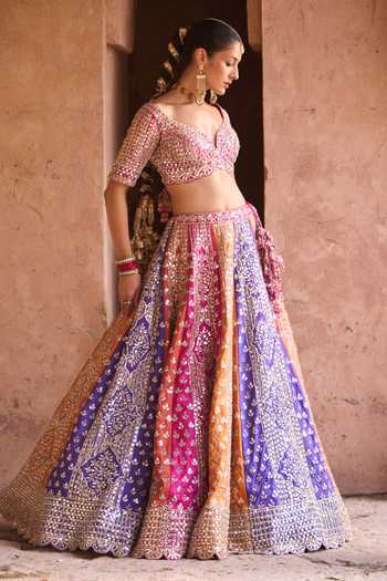 ANGAD SINGH_Multi Color Silk Sweetheart Neck Prism Embroidered Raw Lehenga Set _Online_at_Aza_Fashions