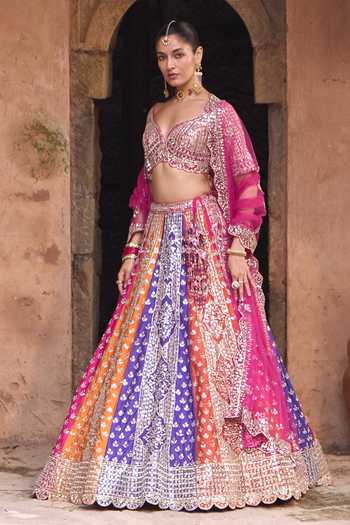 Shop_ANGAD SINGH_Multi Color Silk Sweetheart Neck Prism Embroidered Raw Lehenga Set _Online_at_Aza_Fashions