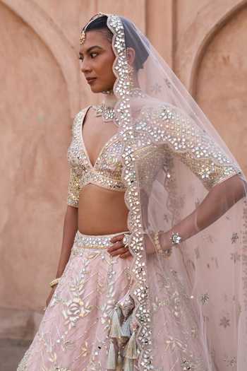 ANGAD SINGH_Peach Organza V-neck Naazneen Embroidered Lehenga Set _Online_at_Aza_Fashions