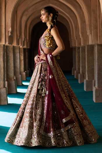 ANGAD SINGH Maroon Silk V-neck Prithvi Embroidered Raw Bridal Lehenga Set Online at Aza Fashions ANGAD SINGH_Maroon Silk V-neck Prithvi Embroidered Raw Bridal Lehenga Set _Online_at_Aza_Fashions