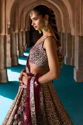 Buy ANGAD SINGH Maroon Silk V-neck Prithvi Embroidered Raw Bridal Lehenga Set Online at Aza Fashions Buy_ANGAD SINGH_Maroon Silk V-neck Prithvi Embroidered Raw Bridal Lehenga Set _Online_at_Aza_Fashions
