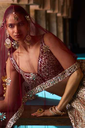 Shop ANGAD SINGH Maroon Silk V-neck Prithvi Embroidered Raw Bridal Lehenga Set Online at Aza Fashions Shop_ANGAD SINGH_Maroon Silk V-neck Prithvi Embroidered Raw Bridal Lehenga Set _Online_at_Aza_Fashions