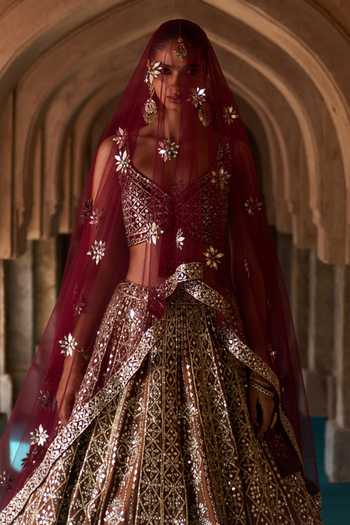 Buy ANGAD SINGH Maroon Silk V-neck Prithvi Embroidered Raw Bridal Lehenga Set Buy_ANGAD SINGH_Maroon Silk V-neck Prithvi Embroidered Raw Bridal Lehenga Set