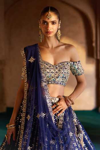 Shop_ANGAD SINGH_Blue Silk Off-shoulder Neer Embroidered Raw Lehenga Set _Online_at_Aza_Fashions