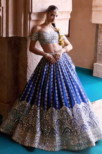 ANGAD SINGH_Blue Silk Off-shoulder Neer Embroidered Raw Lehenga Set _at_Aza_Fashions