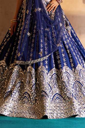 Buy_ANGAD SINGH_Blue Silk Off-shoulder Neer Embroidered Raw Lehenga Set 