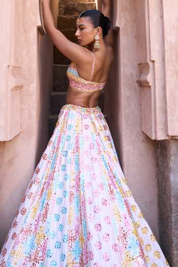 ANGAD SINGH_Pink Silk Sweetheart Neck Phool Embroidered Raw Lehenga Set _Online_at_Aza_Fashions