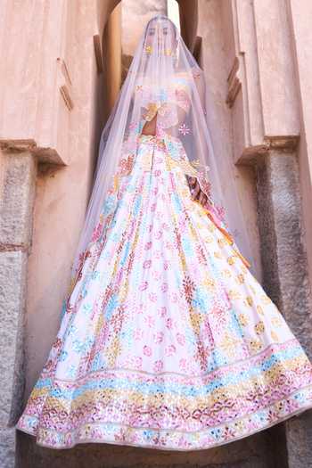 Shop_ANGAD SINGH_Pink Silk Sweetheart Neck Phool Embroidered Raw Lehenga Set _Online_at_Aza_Fashions